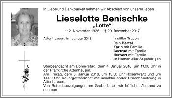 Traueranzeige von Lieselotte Benischke von Memminger Zeitung