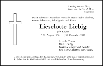 Traueranzeige von Lieselotte Liebig von Der Westallgäuer