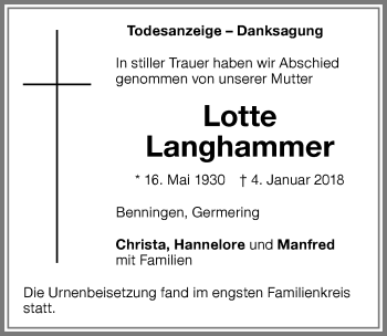Traueranzeige von Lotte Langhammer von Memminger Zeitung