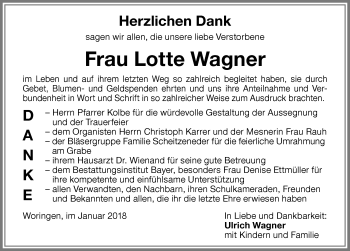 Traueranzeige von Lotte Wagner von Memminger Zeitung