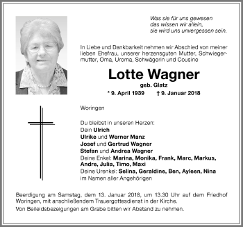 Traueranzeige von Lotte Wagner von Memminger Zeitung