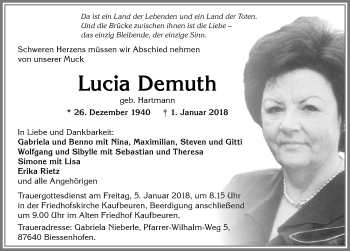 Traueranzeige von Lucia Demuth von Allgäuer Zeitung, Kaufbeuren/Buchloe