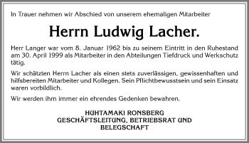 Traueranzeige von Ludwig Lacher von Allgäuer Zeitung, Marktoberdorf