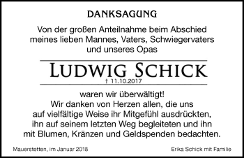 Traueranzeige von Ludwig Schick von Allgäuer Zeitung, Kaufbeuren/Buchloe