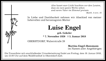 Traueranzeige von Luise Engel von Allgäuer Anzeigeblatt