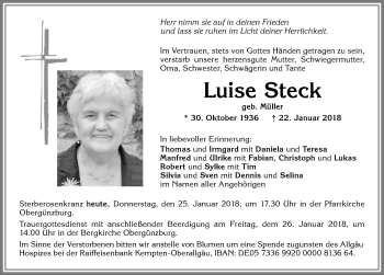 Traueranzeige von Luise Steck von Allgäuer Zeitung, Marktoberdorf