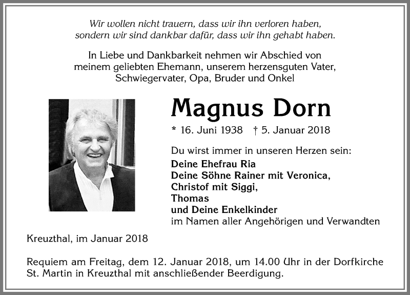  Traueranzeige für Magnus Dorn vom 10.01.2018 aus Allgäuer Zeitung,Kempten