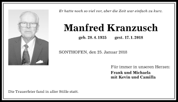 Traueranzeige von Manfred Kranzusch von Allgäuer Anzeigeblatt