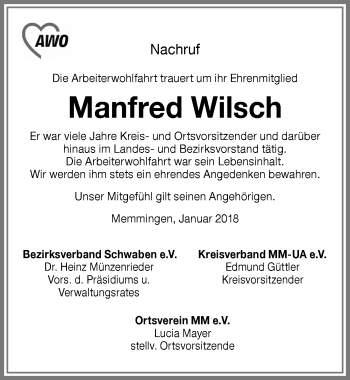 Traueranzeige von Manfred Wilsch von Memminger Zeitung