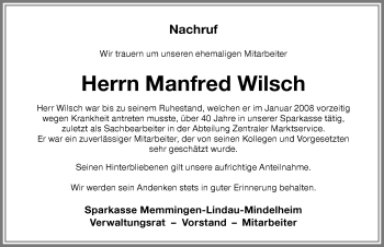 Traueranzeige von Manfred Wilsch von Memminger Zeitung
