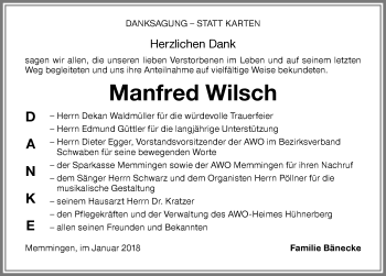 Traueranzeige von Manfred Wilsch von Memminger Zeitung