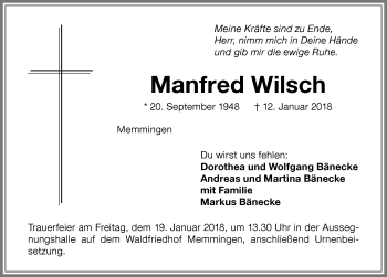 Traueranzeige von Manfred Wilsch von Memminger Zeitung
