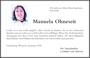 Traueranzeige von Manuela Ohneseit von Der Westallgäuer
