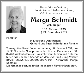 Traueranzeige von Marga Schmidt von Allgäuer Zeitung,Kempten