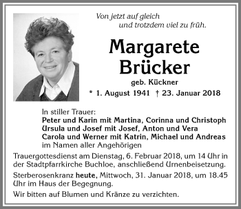 Traueranzeige von Margarete Brücker von Allgäuer Zeitung, Kaufbeuren/Buchloe
