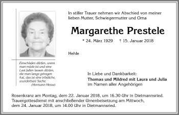 Traueranzeige von Margarethe Prestele von Allgäuer Zeitung,Kempten