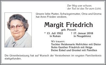 Traueranzeige von Margit Friedrich von Allgäuer Zeitung, Kaufbeuren/Buchloe