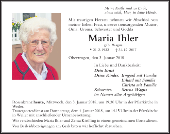 Traueranzeige von Maria Ihler von Der Westallgäuer