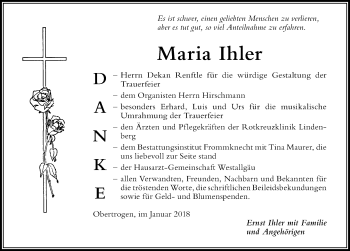 Traueranzeige von Maria Ihler von Der Westallgäuer