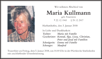 Traueranzeige von Maria Kullmann von Der Westallgäuer