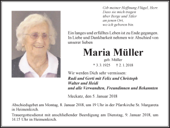 Traueranzeige von Maria Müller von Der Westallgäuer