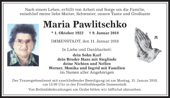 Traueranzeige von Maria Pawlitschko von Allgäuer Anzeigeblatt