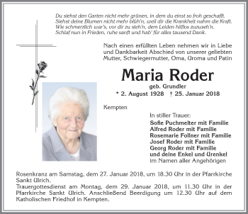 Traueranzeige von Maria Roder von Allgäuer Zeitung,Kempten