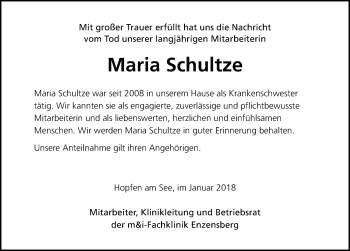 Traueranzeige von Maria Schultze von Allgäuer Zeitung, Füssen