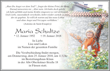 Traueranzeige von Maria Schultze von Allgäuer Zeitung, Füssen