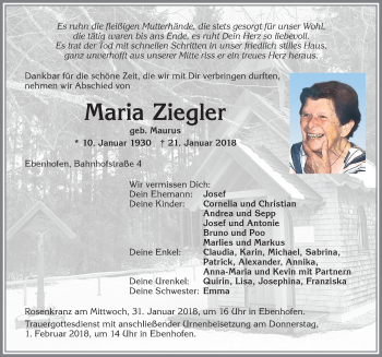 Traueranzeige von Maria Ziegler von Allgäuer Zeitung