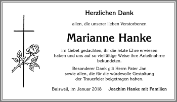 Traueranzeige von Marianne Hanke von Allgäuer Zeitung, Kaufbeuren/Buchloe