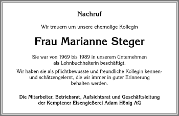 Traueranzeige von Marianne Steger von Allgäuer Zeitung,Kempten