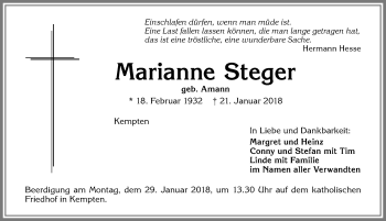 Traueranzeige von Marianne Steger von Allgäuer Zeitung,Kempten