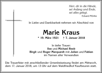 Traueranzeige von Marie Kraus von Allgäuer Zeitung, Kaufbeuren/Buchloe