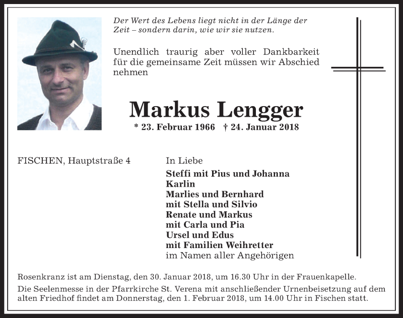  Traueranzeige für Markus Lengger vom 29.01.2018 aus Allgäuer Anzeigeblatt