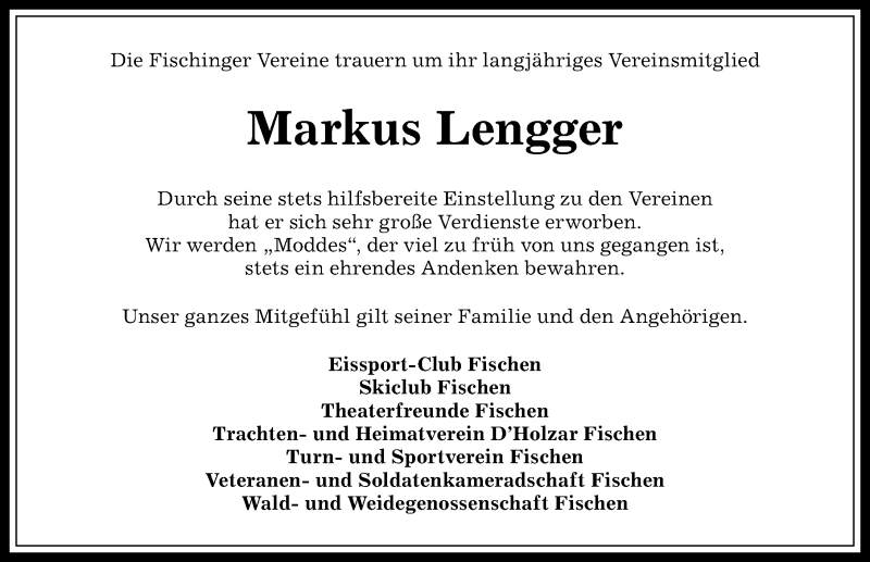  Traueranzeige für Markus Lengger vom 29.01.2018 aus Allgäuer Anzeigeblatt