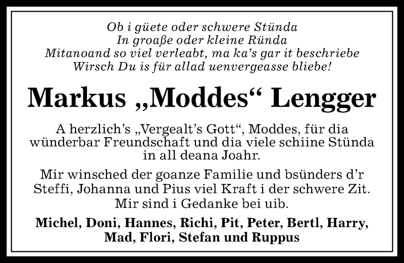  Traueranzeige für Markus Lengger vom 29.01.2018 aus Allgäuer Anzeigeblatt