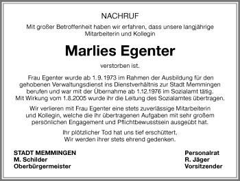 Traueranzeige von Marlies Egenter von Memminger Zeitung