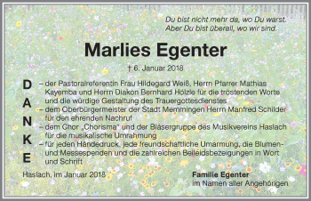 Traueranzeige von Marlies Egenter von Memminger Zeitung