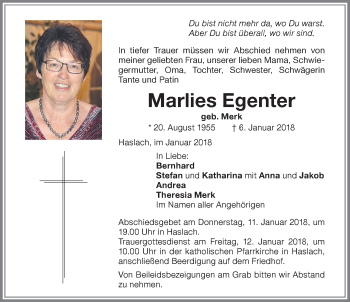 Traueranzeige von Marlies Egenter von Memminger Zeitung