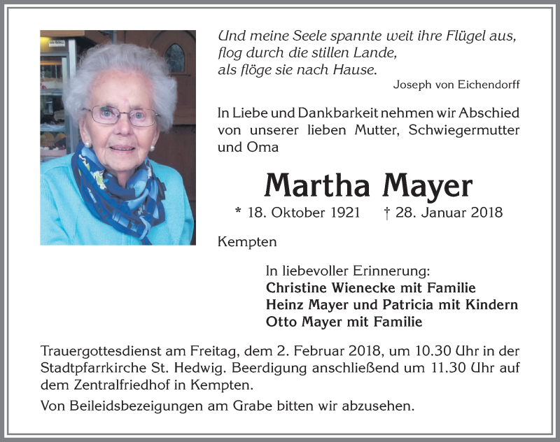  Traueranzeige für Martha Mayer vom 31.01.2018 aus Allgäuer Zeitung,Kempten
