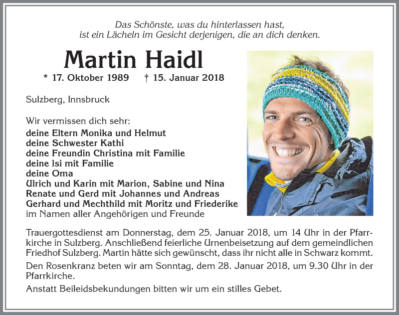  Traueranzeige für Martin Haidl vom 23.01.2018 aus Allgäuer Zeitung,Kempten