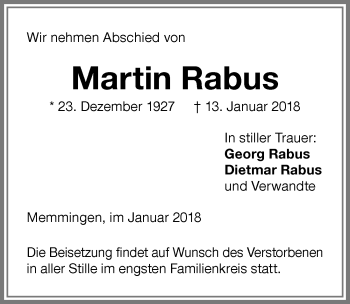 Traueranzeige von Martin Rabus von Memminger Zeitung