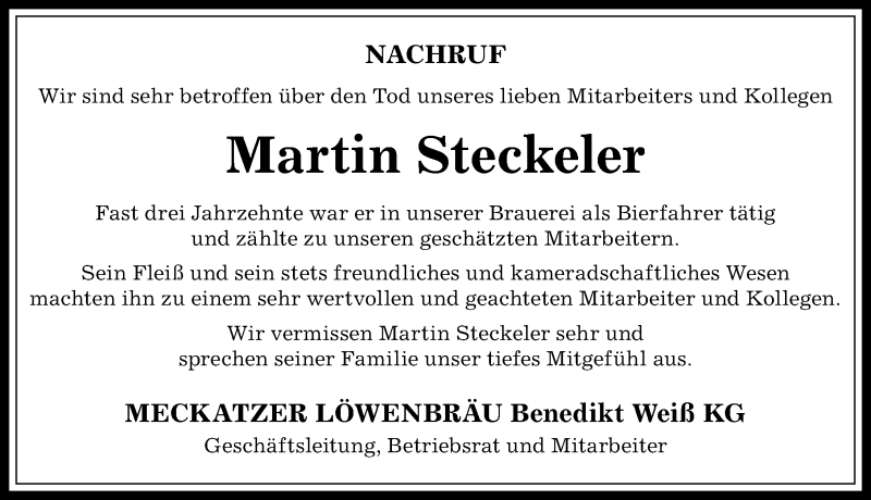  Traueranzeige für Martin Steckeler vom 11.01.2018 aus Der Westallgäuer