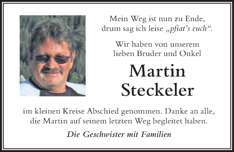  Traueranzeige für Martin Steckeler vom 10.01.2018 aus Der Westallgäuer