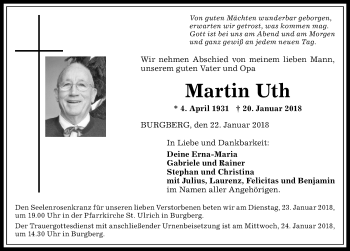Traueranzeige von Martin Uth von Allgäuer Anzeigeblatt