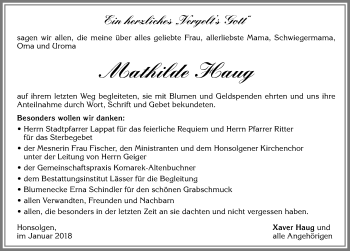 Traueranzeige von Mathilde Haug von Allgäuer Zeitung, Kaufbeuren/Buchloe