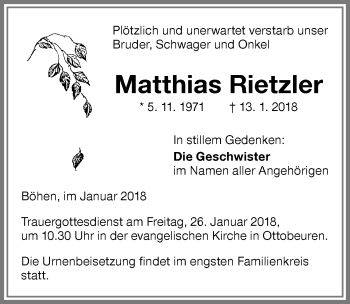 Traueranzeige von Matthias Rietzler von Memminger Zeitung