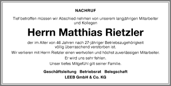 Traueranzeige von Matthias Rietzler von Memminger Zeitung