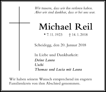 Traueranzeige von Michael Reil von Der Westallgäuer